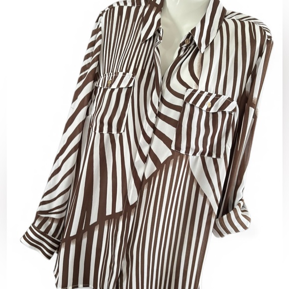 Striped Brown and White Women's Button-Up Shirt - Picture 8 of 12